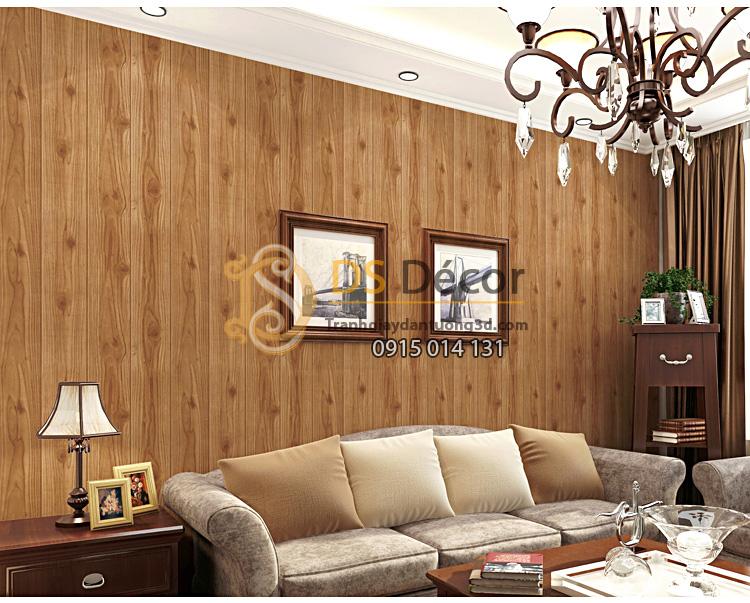 Giấy dán tường giả gỗ nâu 3D023 dán phòng khách