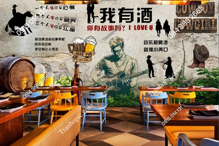 Tranh dán tường 3D cao bồi cho quán bia nhậu đẹp 18532302