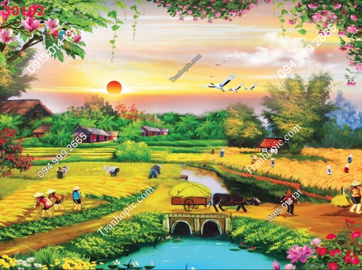 Tranh dán tường 3D đồng quê Việt Nam dán phòng khách 30192