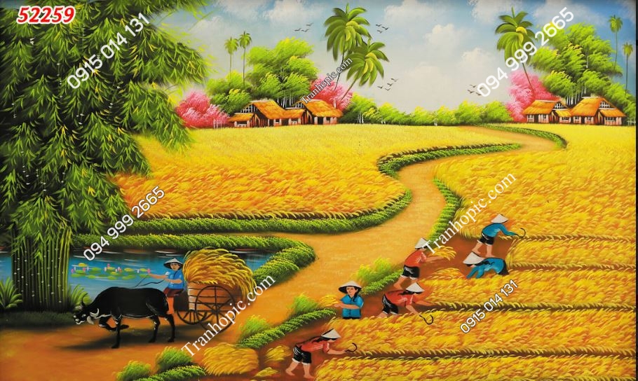Tranh dán tường 3D đồng quê Việt Nam dán phòng khách 52259