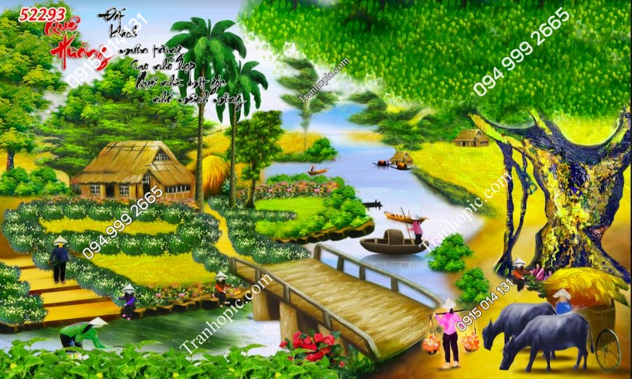 Tranh dán tường 3D đồng quê Việt Nam dán phòng khách 52293