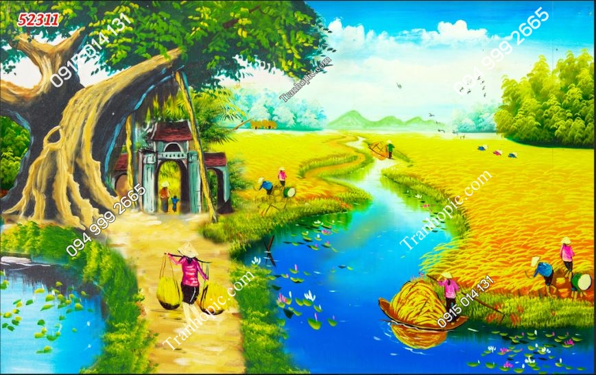 Tranh dán tường 3D đồng quê Việt Nam dán phòng khách 52311