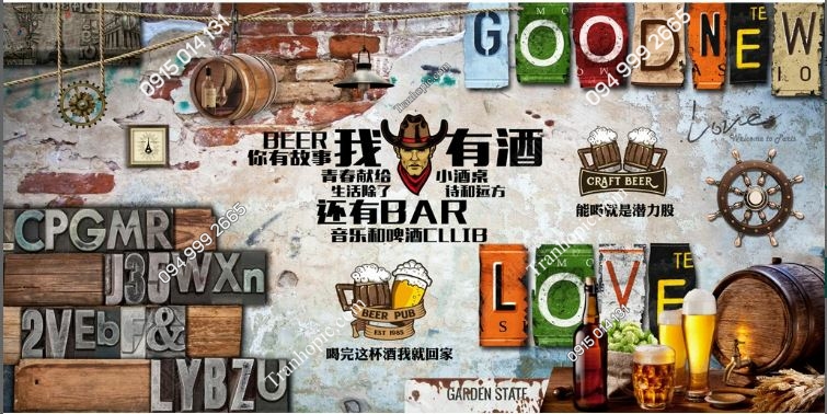 Tranh dán tường 3D quán bia rượu phong cách vintage18610859