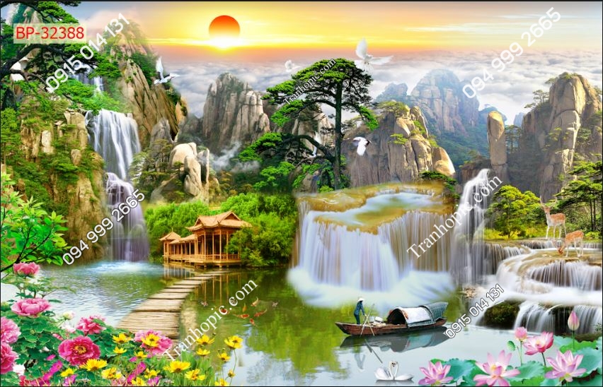 Tranh dán tường 5D sơn thủy hữu tình phòng khách 32388