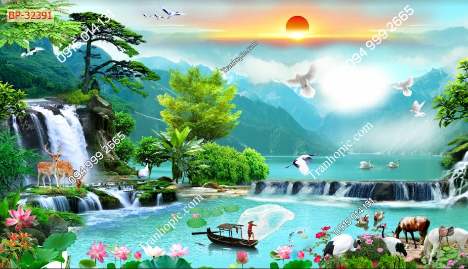 Tranh dán tường 5D sơn thủy hữu tình phòng khách 32391