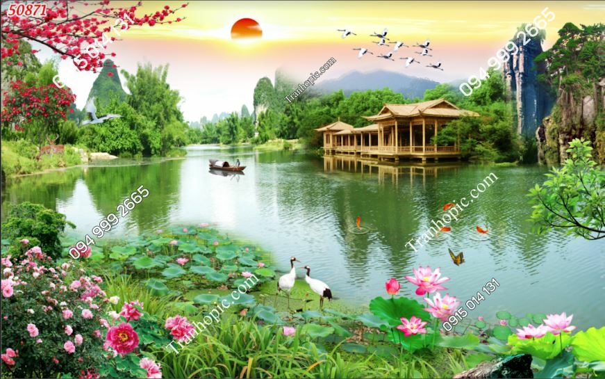 Tranh dán tường 5D sơn thủy hữu tình phòng khách 50871