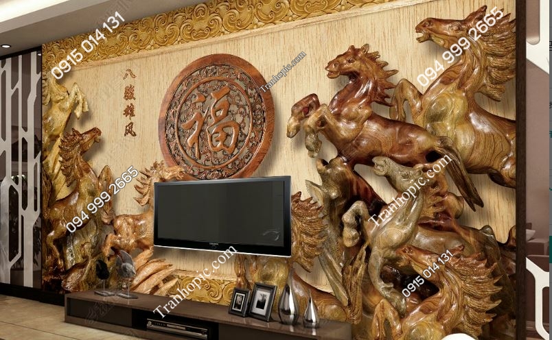 Tranh dán tường 8D mã đáo thành công điêu khắc gỗ 12883835