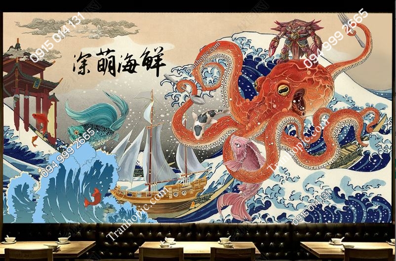 Tranh dán tường bạch tuộc khổng lồ quán hải sản 19114661