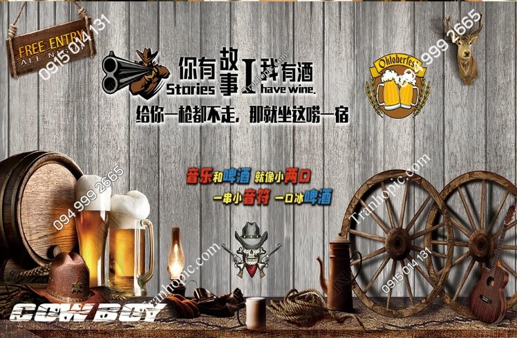 Tranh dán tường quán bia rượu nền giả gỗ 18319198