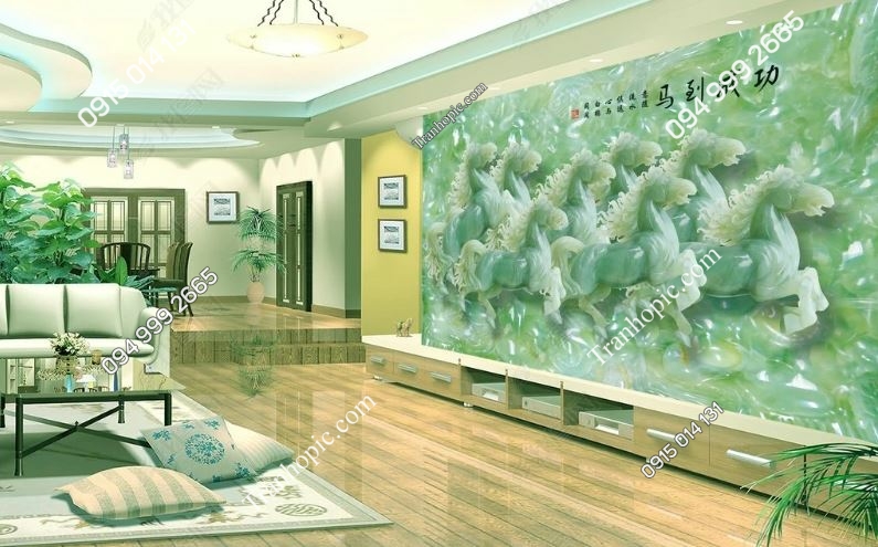 Tranh tường bát mã giả ngọc bích màu xanh 8D phòng khách_13321857