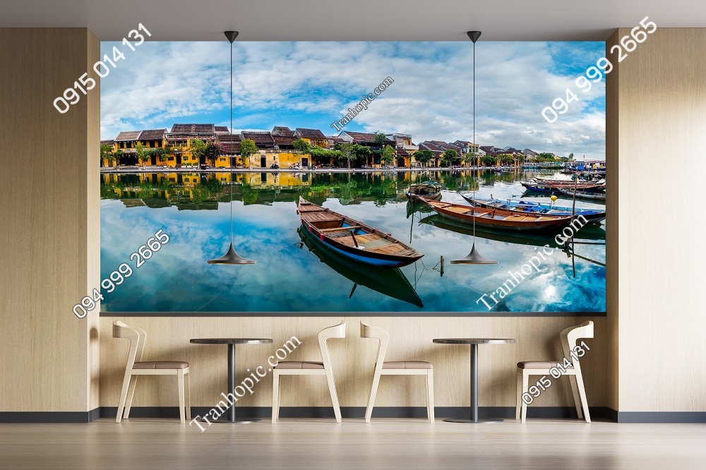 Tranh dán tường 3D cảnh sông nước và phố Hội An 1154053533