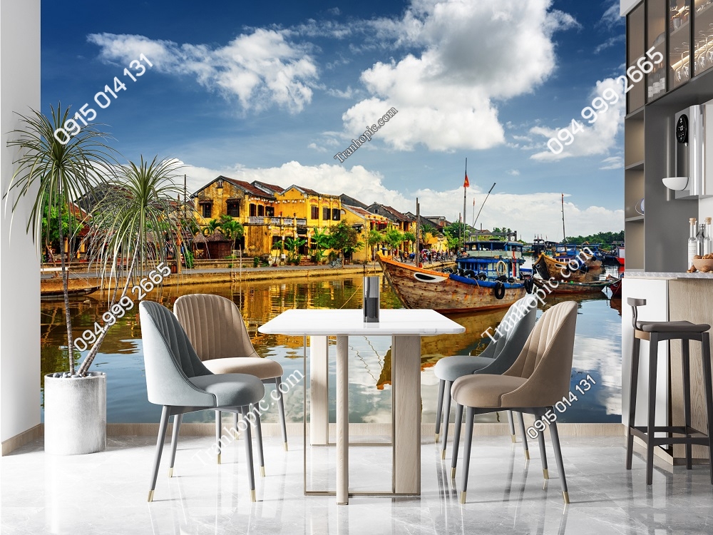 Tranh dán tường 3D cảnh sông nước và phối Hội An đẹp 379190802