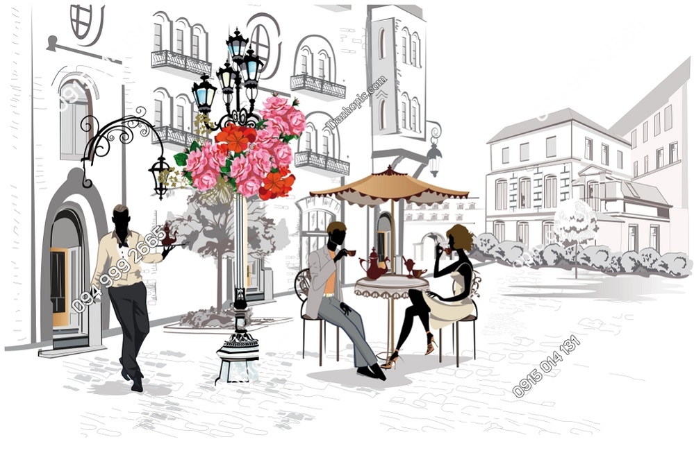 Tranh dán tường cảnh cafe đường phố trên thành phố cổ 1005921429