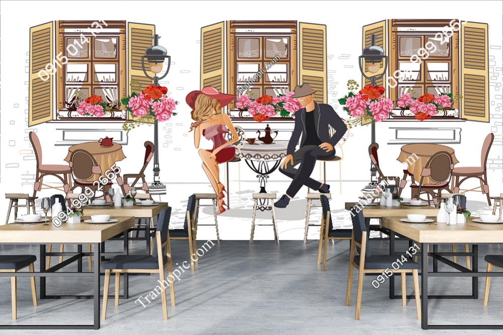 Tranh dán tường cảnh cafe đường phố trên thành phố cổ 1097045944