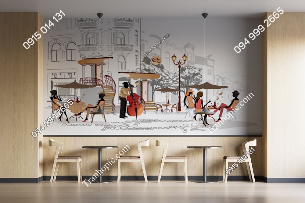 Tranh dán tường cảnh cafe đường phố trên thành phố cổ 110545303