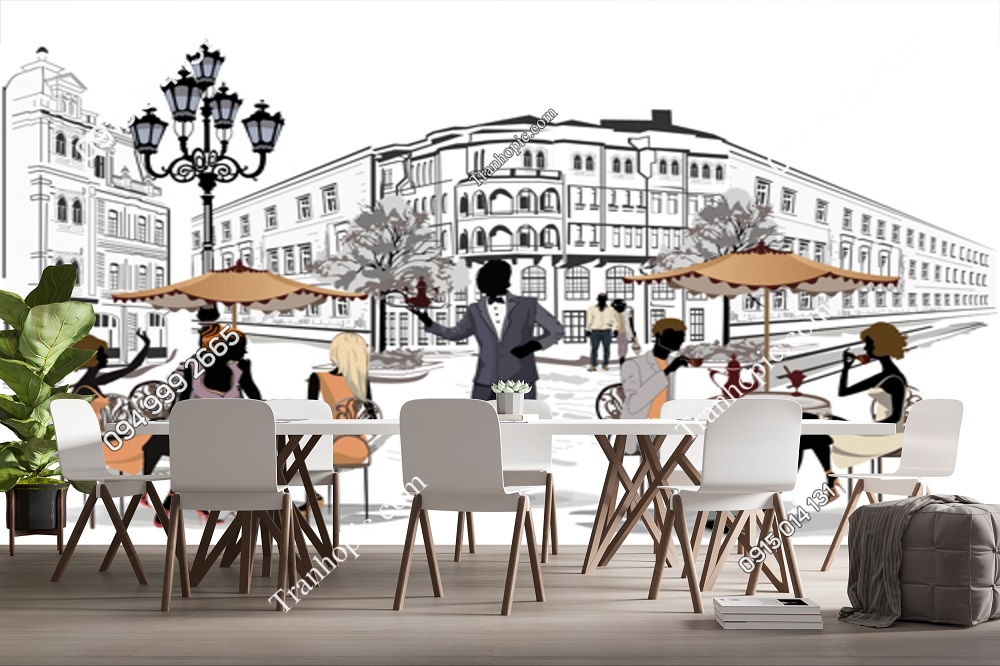 Tranh dán tường cảnh cafe đường phố trên thành phố cổ 377873055