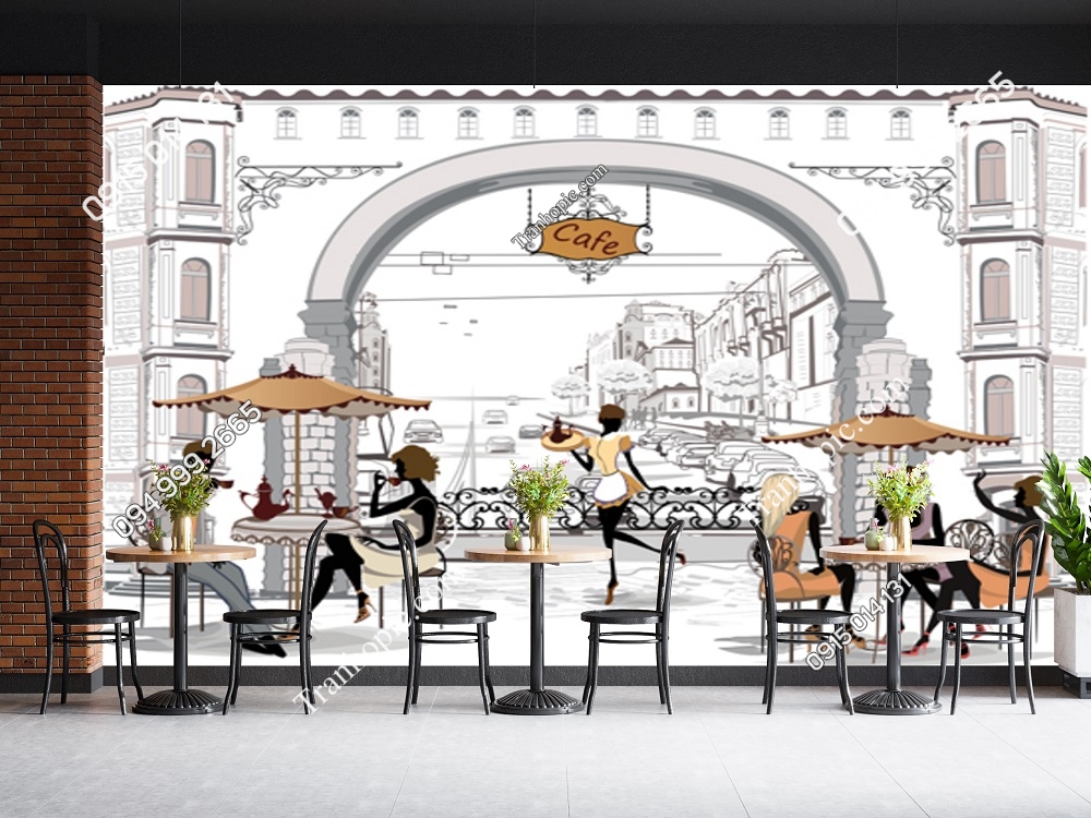 Tranh dán tường cảnh cafe đường phố trên thành phố cổ 383625057