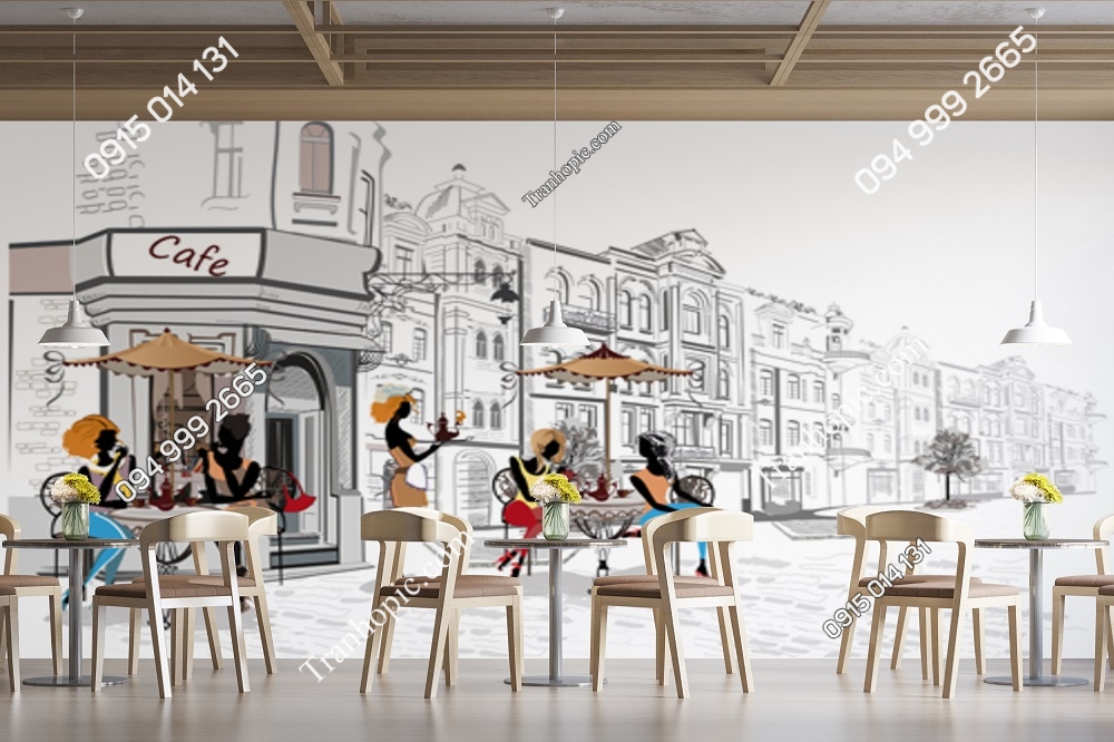 Tranh dán tường cảnh cafe đường phố trên thành phố cổ 444843828
