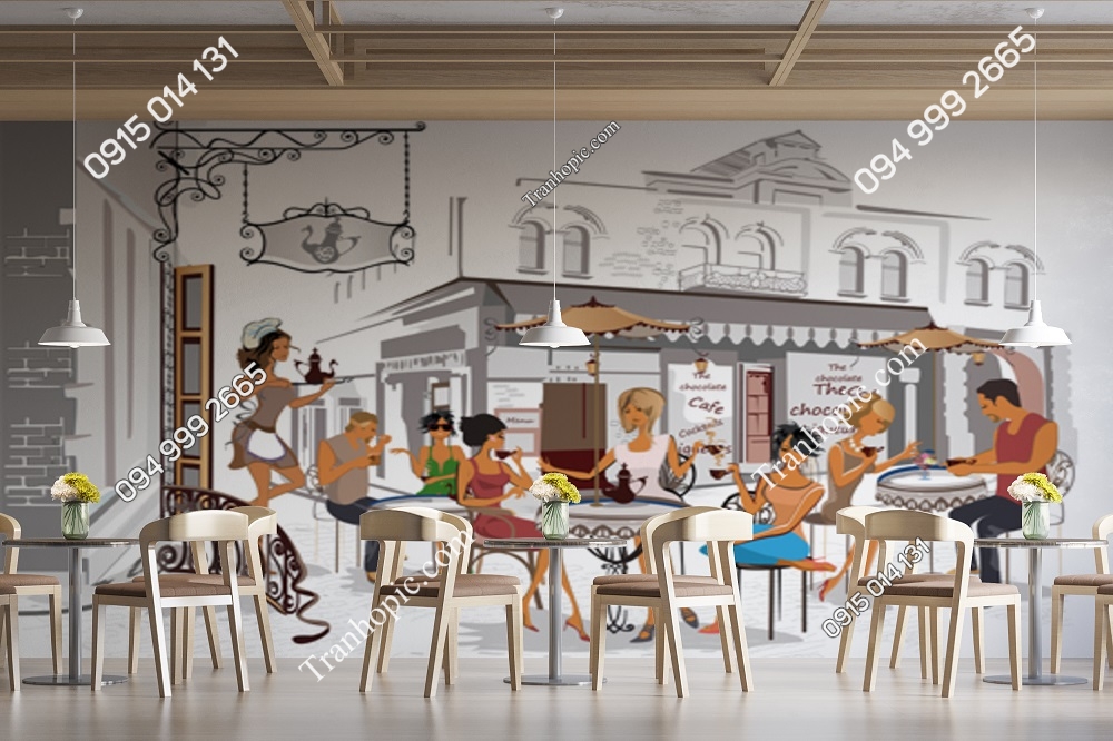 Tranh dán tường cảnh cafe đường phố trên thành phố cổ 452325162