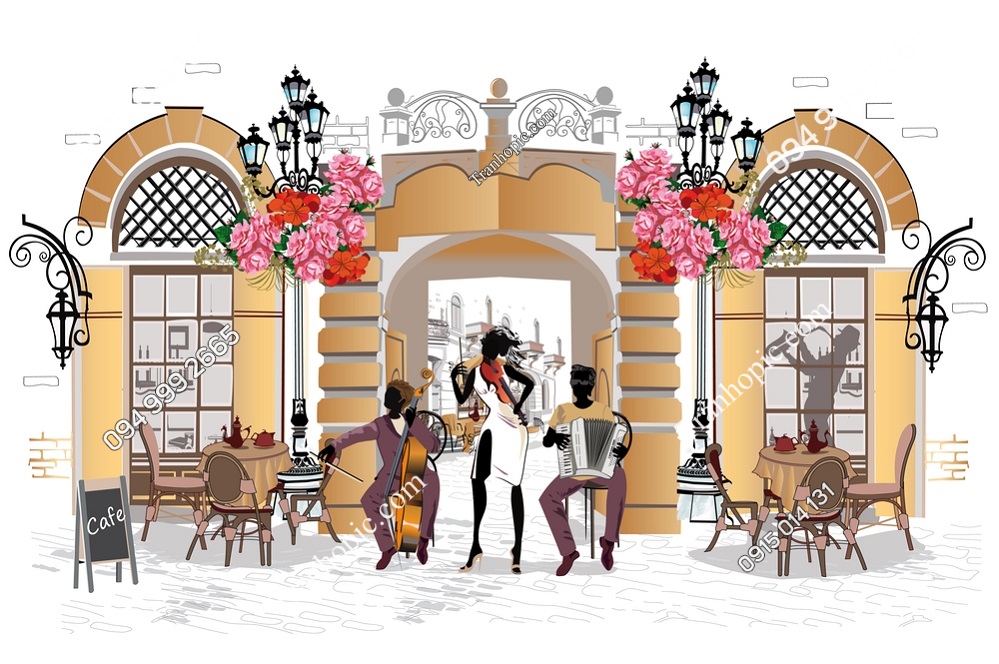 Tranh dán tường cảnh cafe đường phố trên thành phố cổ 732807123