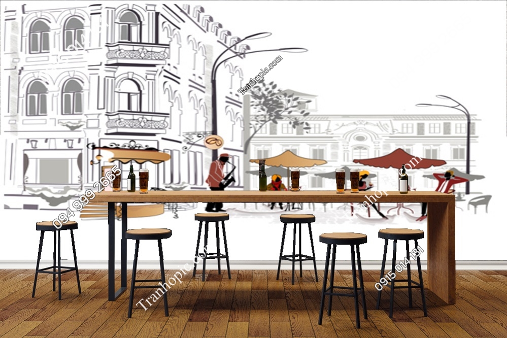 Tranh dán tường cảnh cafe đường phố trên thành phố cổ 84761403