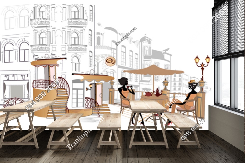 Tranh dán tường cảnh cafe đường phố trên thành phố cổ 97972136