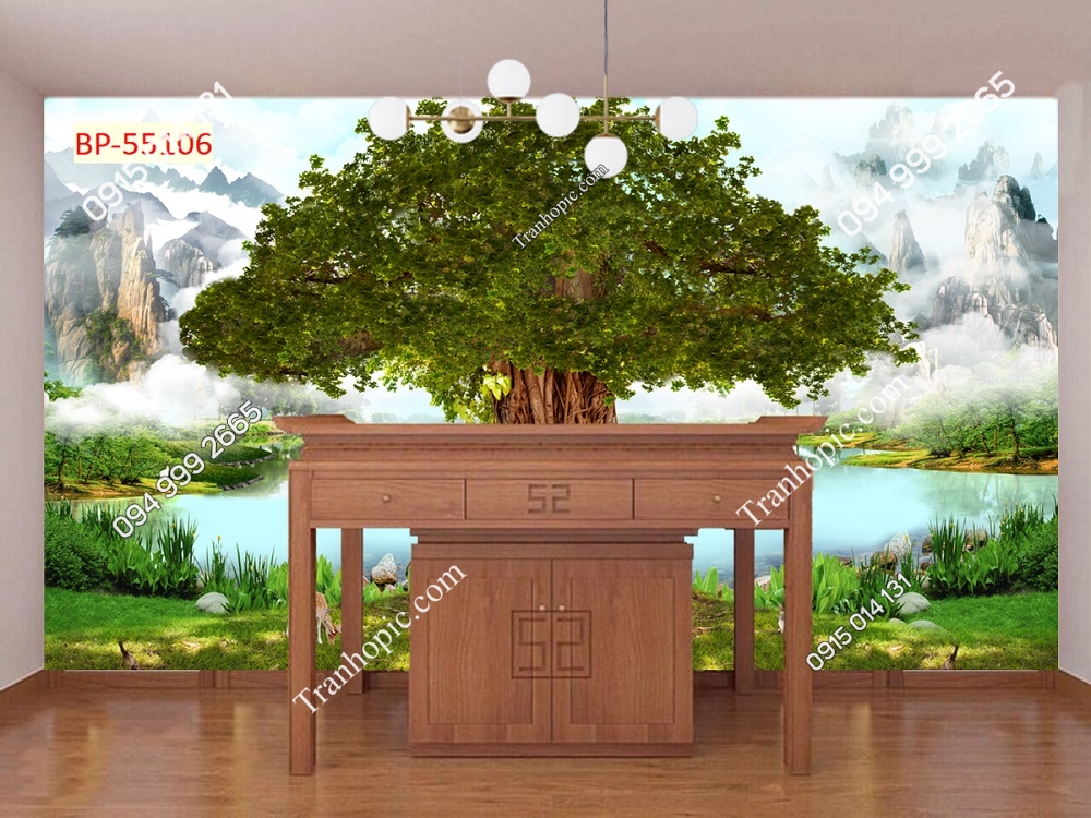 Tranh dán tường cây bồ đề dán phòng thờ 55106