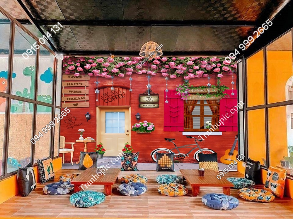 Tranh dán tường nền đỏ tường hoa dán quán cafe bệt đẹp 35428