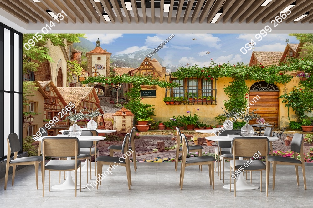 Tranh dán tường quán ăn quán cafe trà sữa phong cảnh đẹp