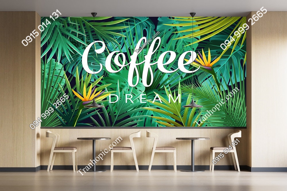 Tranh dán tường quán cafe họa tiết lá cây nhiệt đới 869