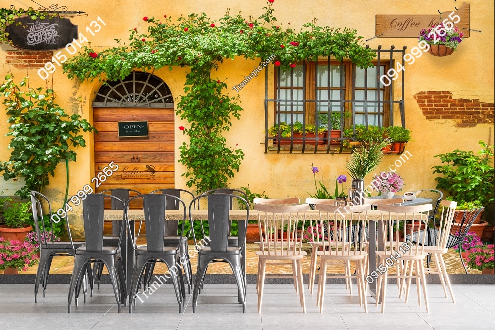 Tranh dán tường quán cafe nền tường vàng hoa leo 54823