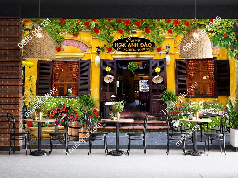 Tranh dán tường quán cafe phong cách Hội An tường vàng 5349