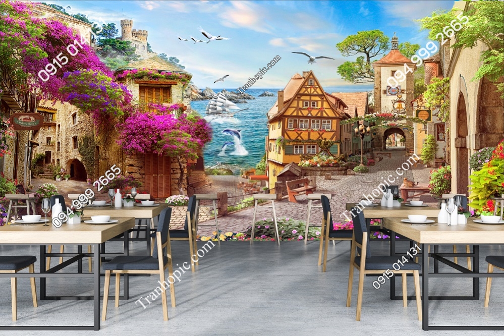 Tranh dán tường quán cafe quán ăn phong cảnh biển 309