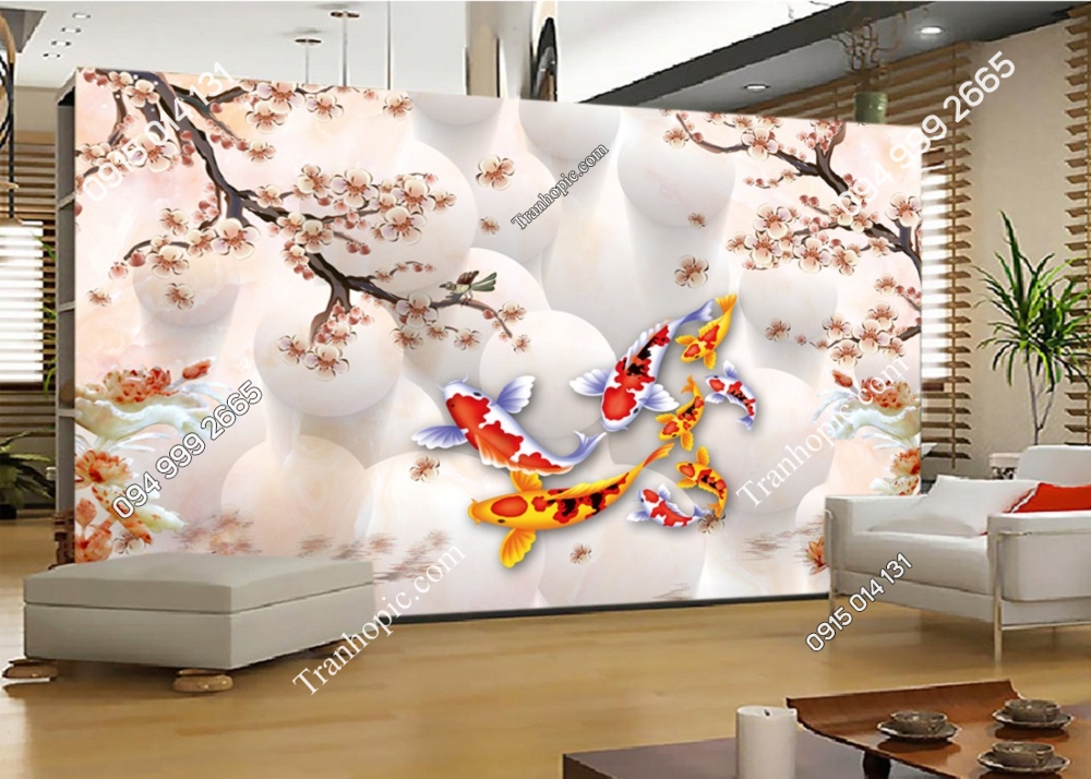 Tranh cá chép hoa đào dán tường 51347