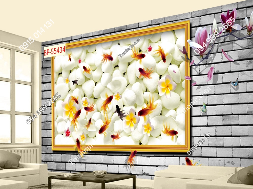 Tranh cá chép vàng 3D nền tường đá 55434