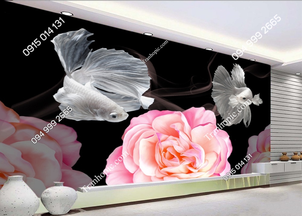 Tranh các chép bạc hoa hồng dán tường 51481