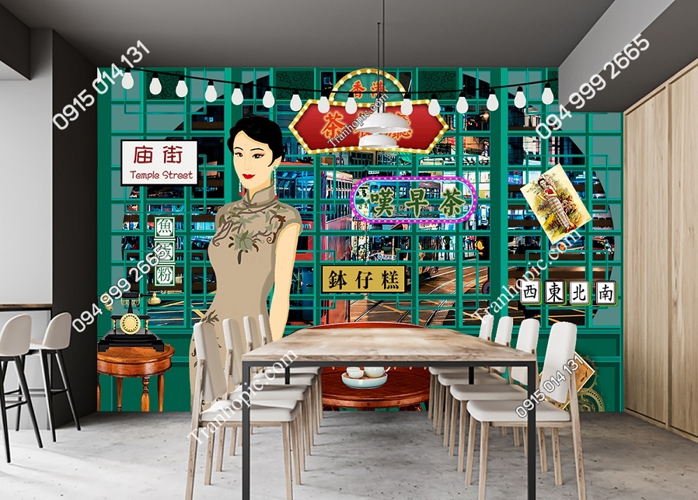 Tranh cô gái mặc sườn xám cạnh tường gỗ dán quán cafe 30220420152651089104