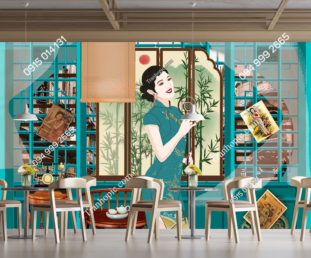 Tranh cô gái trung hoa cửa gỗ dán quán cafe 30220407224752859106