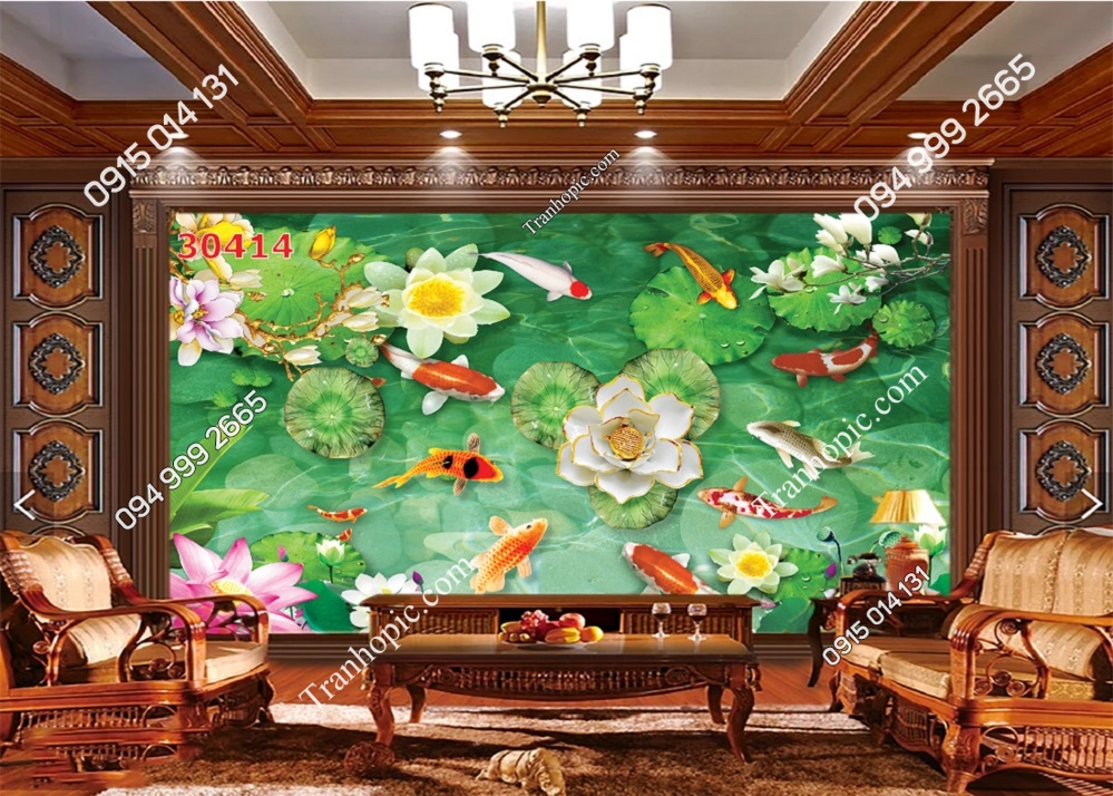 Tranh dán tường cá chép chơi hoa 30414