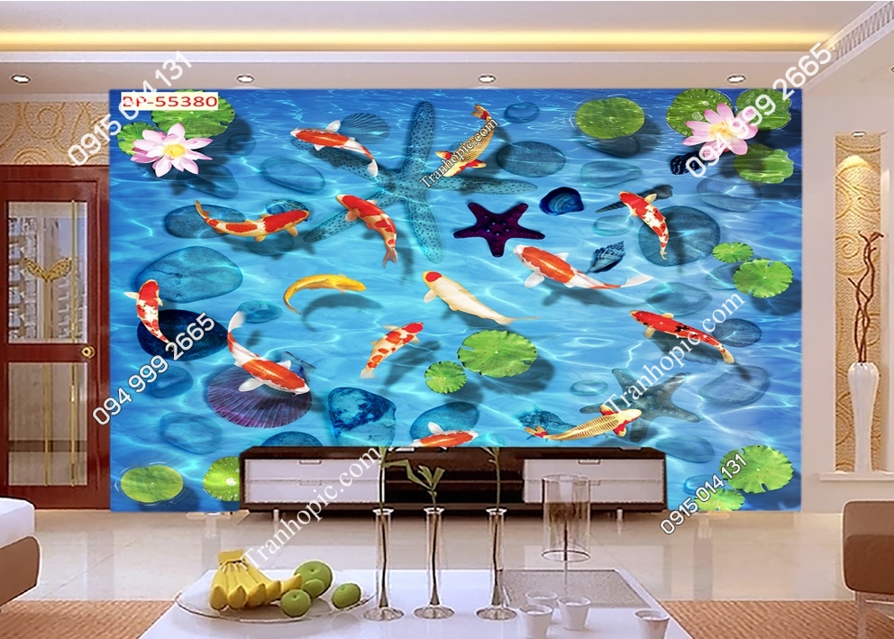 Tranh dán tường cá chép hoa súng 3D 55380