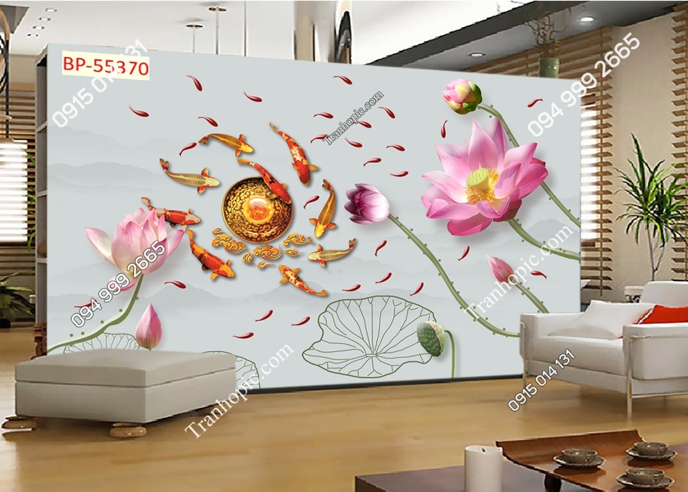 Tranh dán tường cá chép ngậm cánh hoa sen 55370