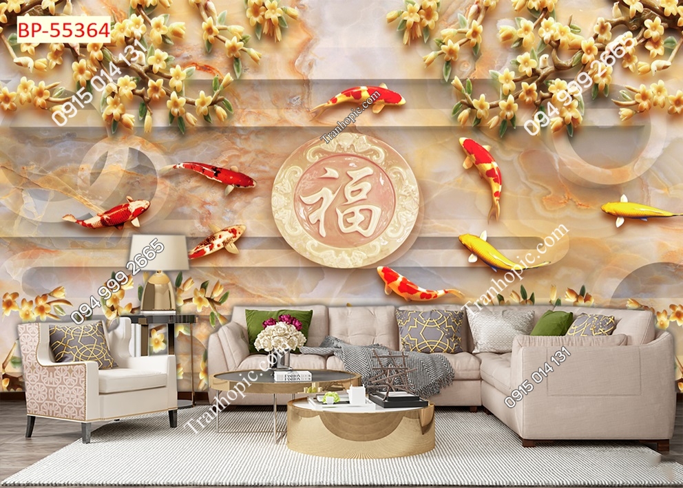 Tranh dán tường cá chép quanh chữ Phúc 55364