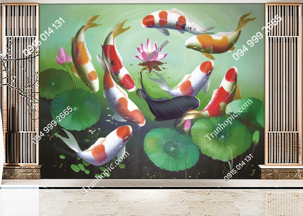 Tranh dán tường cá chép vờn hoa sen 33795
