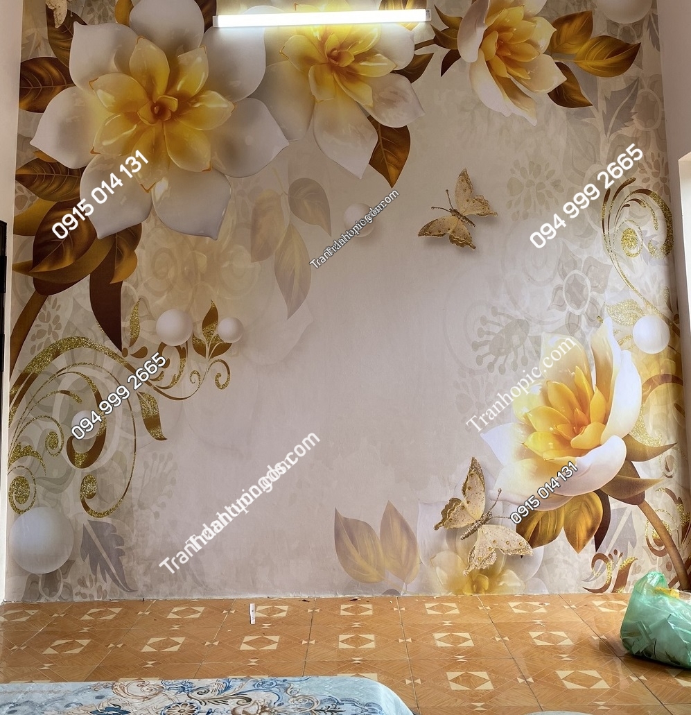Tranh dán tường hoa 3D giả ngọc dán phòng ngủ