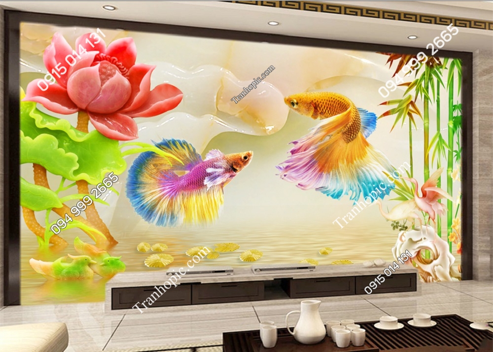 Tranh dán tường hoa sen cá chép uyên ương 50403
