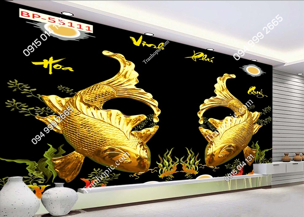 Tranh đôi cá chép vàng dưới trăng dán tường 55111
