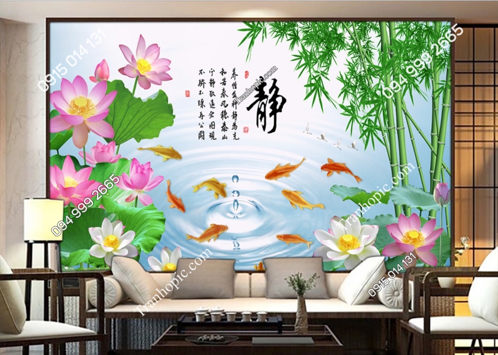 Tranh hồ cá hoa sen và tre 51362
