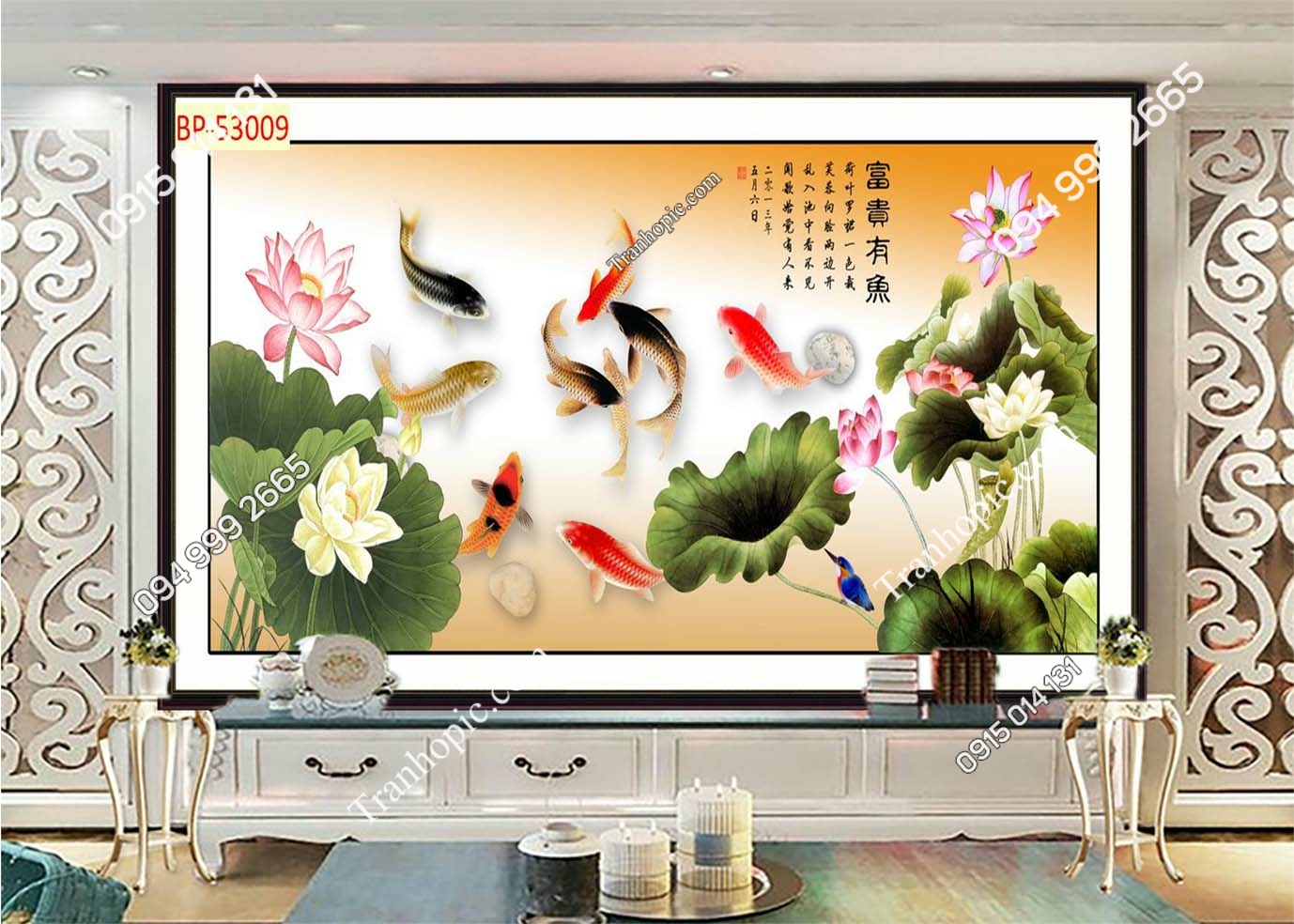 Tranh hoa sen cá chép dán tường phòng khách 53009