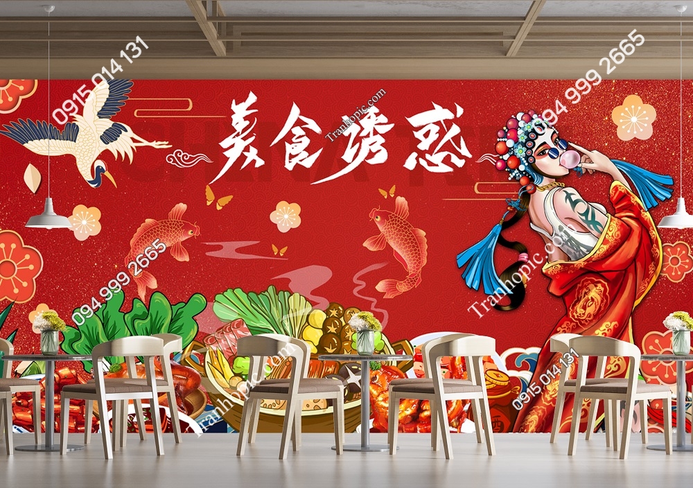 Tranh nền đỏ dán quán ăn nhà hàng trung 30211030170431388127