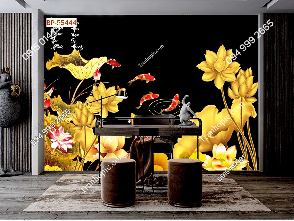 Tranh sen vàng cá chép dán tường 55444